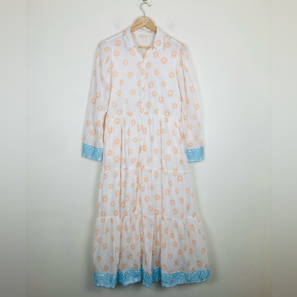 Marea flounce shirtdress in “natural starburst” colorway white orange & blue. L